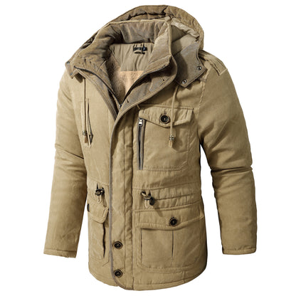 Beige winter jacket with a hood on a white background