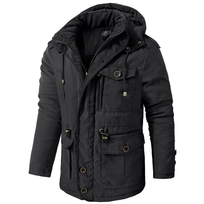 Black winter jacket with multiple pockets and a hood on a white background