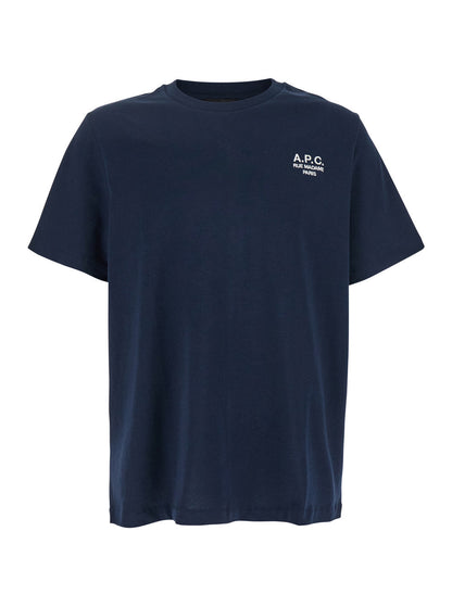 A.P.C. Men Blue Crewneck T-Shirt With Logo Embroidered On The Front In Cotton Man