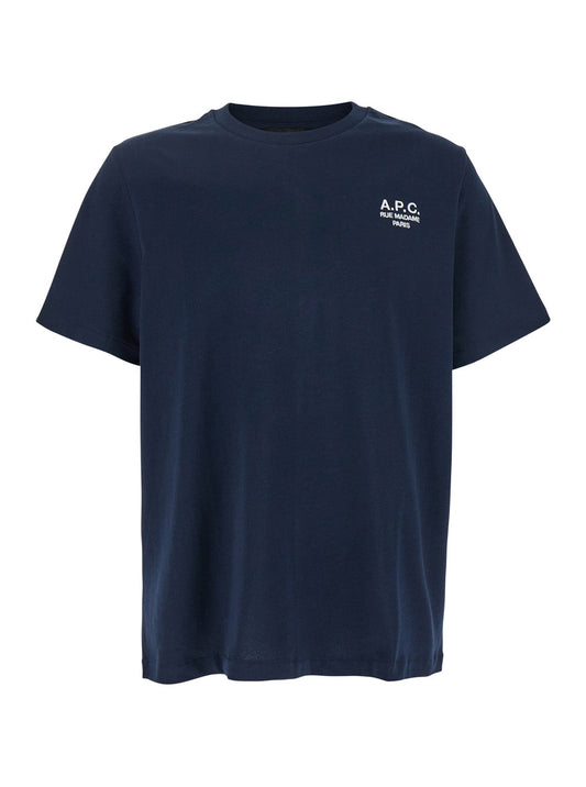 A.P.C. Men Blue Crewneck T-Shirt With Logo Embroidered On The Front In Cotton Man