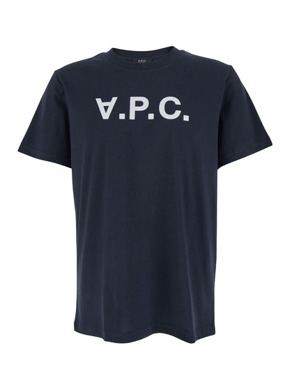 A.P.C. Men Blue Crewneck T-Shirt With Logo On The Front In Cotton Man