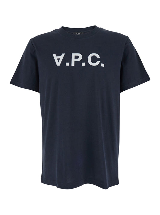 A.P.C. Men Blue Crewneck T-Shirt With Logo On The Front In Cotton Man