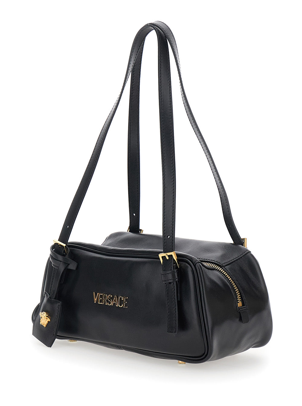 Versace Women 'Tag Bowling' Black Shoulder Bag With Metallic Logo Lettering And Medusa Head Pendant In Leather Woman