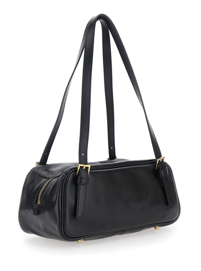 Versace Women 'Tag Bowling' Black Shoulder Bag With Metallic Logo Lettering And Medusa Head Pendant In Leather Woman