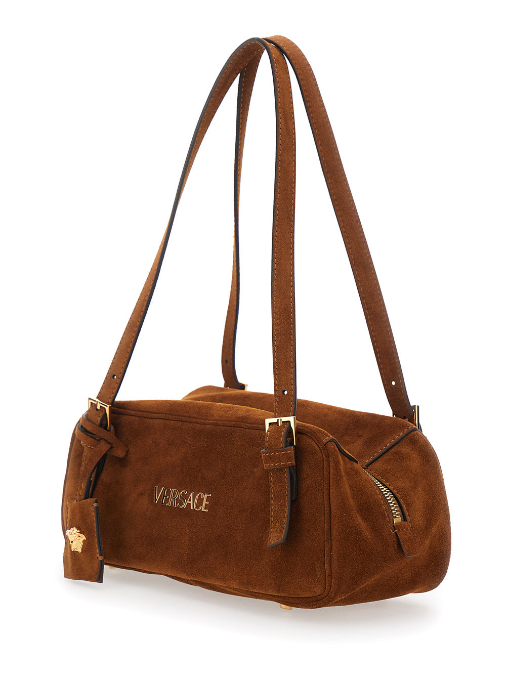 Versace Women 'Tag Bowling' Brown Shoulder Bag With Metallic Logo Lettering And Medusa Head Pendant In Suede Woman