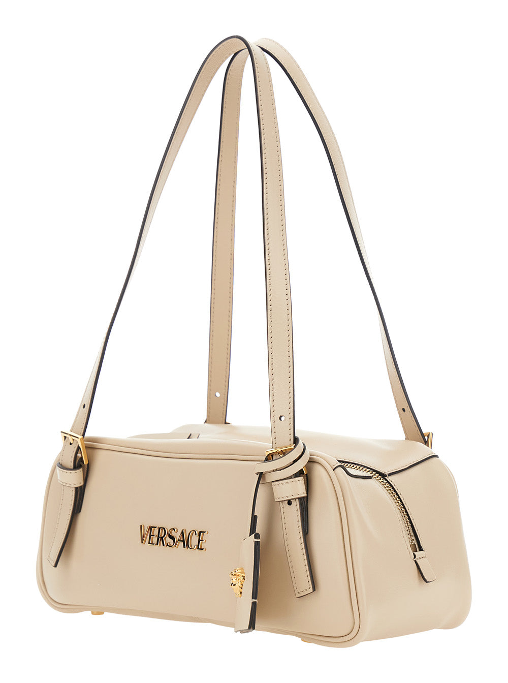 Versace Women 'Tag Bowling' White Shoulder Bag With Metallic Logo Lettering And Medusa Head Pendant In Leather Woman