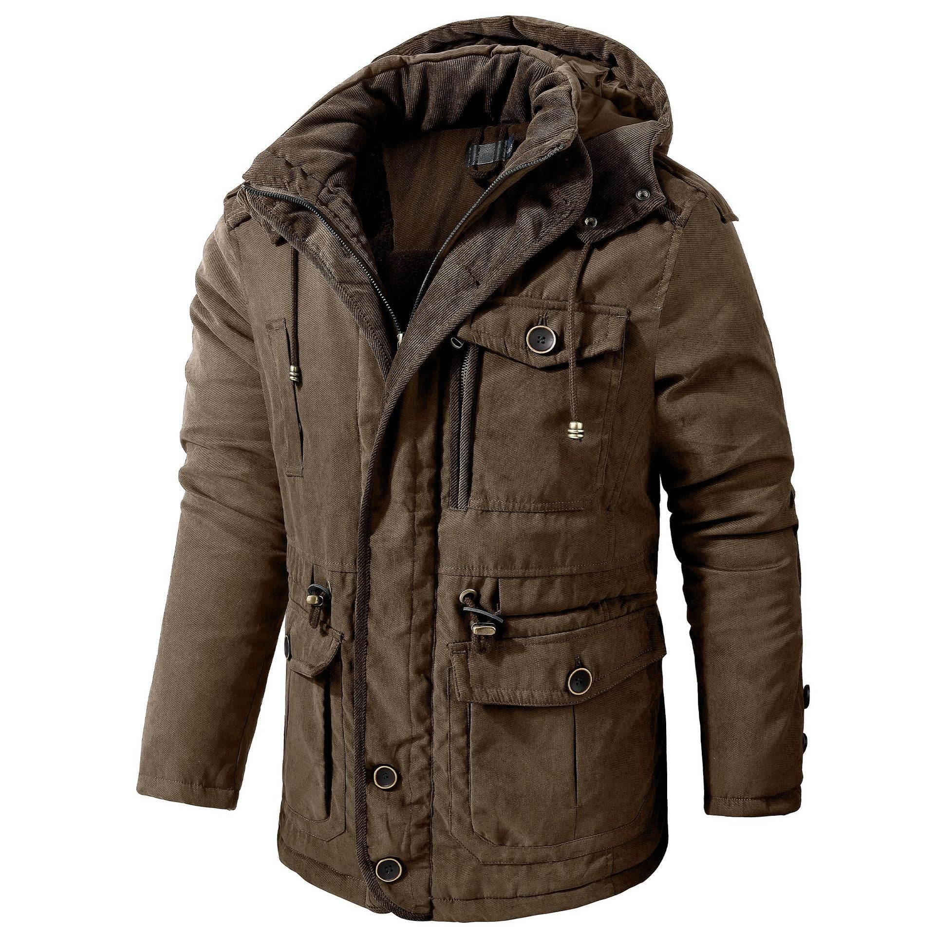 Brown winter jacket with multiple pockets and a hood on a white background