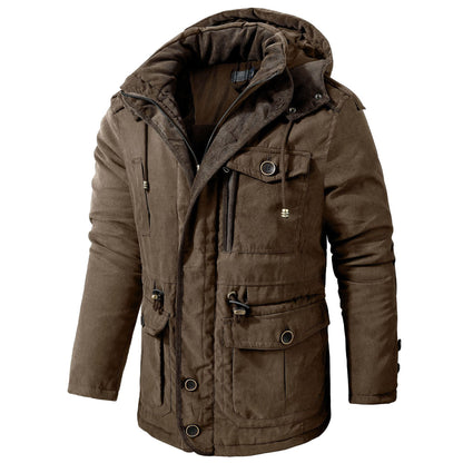 Brown winter jacket with multiple pockets and a hood on a white background