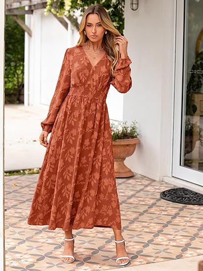 Simplee Womens Boho Floral Long Sleeve Maxi Dress