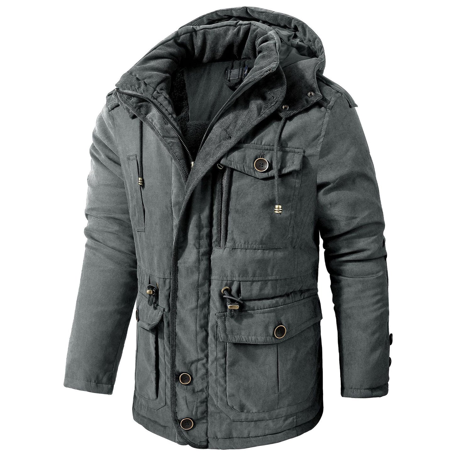 Gray winter jacket with multiple pockets and a hood on a white background