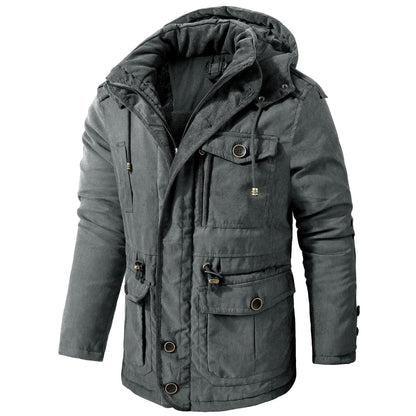 Gray winter jacket with multiple pockets and a hood on a white background
