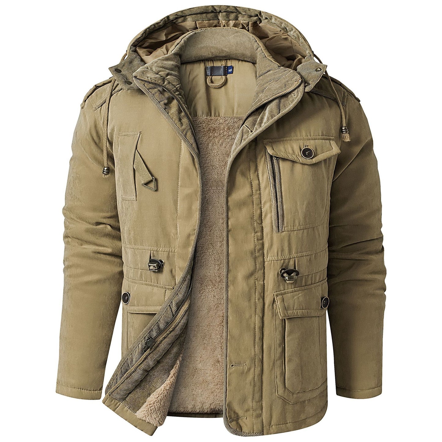 Khaki winter jacket with a hood on a white background