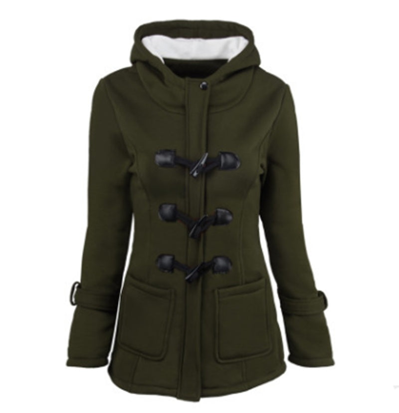 Warm winter fur collar jackets women horn button Long down coat parka Plus Size female parka hoodies Women Green