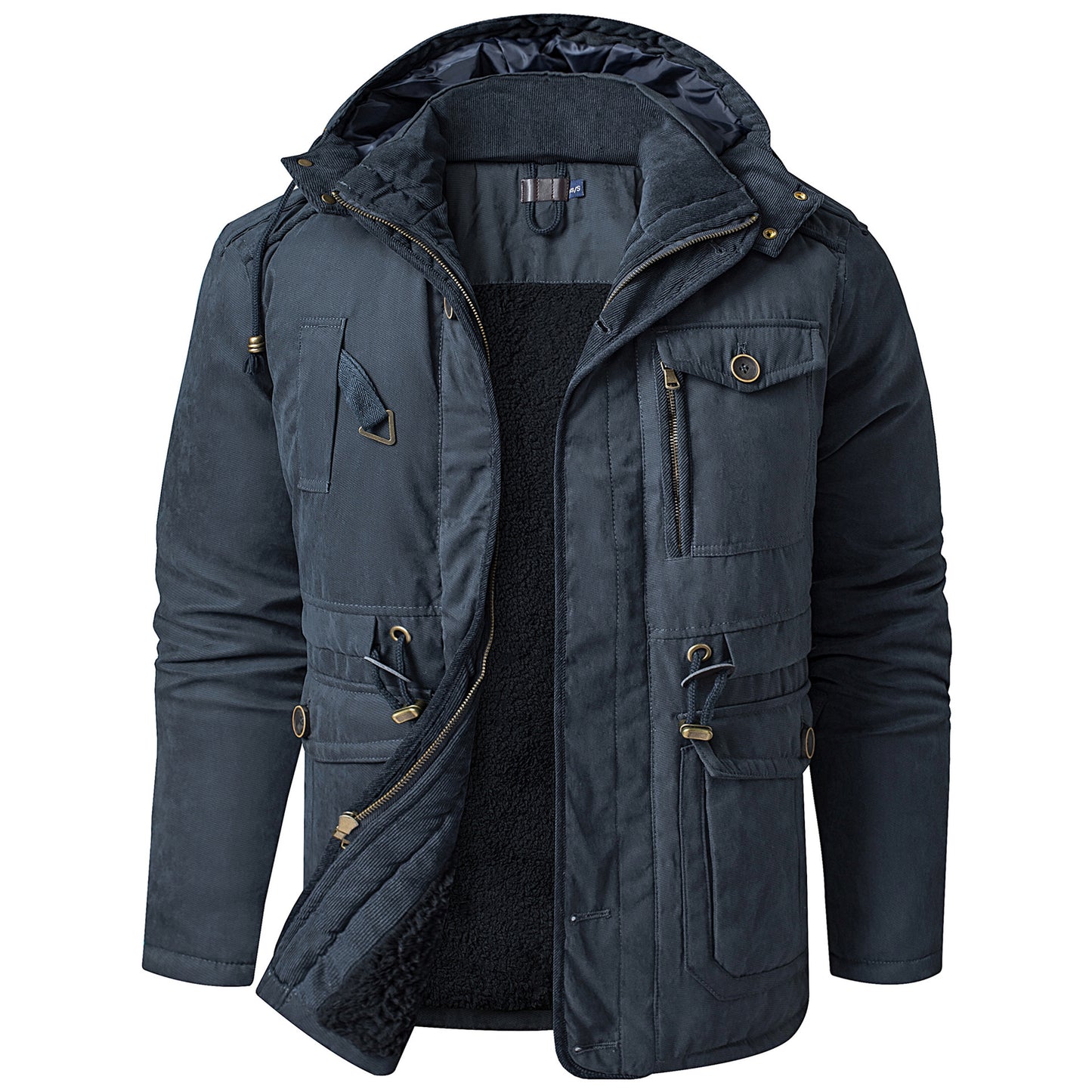 Dark blue winter jacket with multiple pockets and a hood on a white background