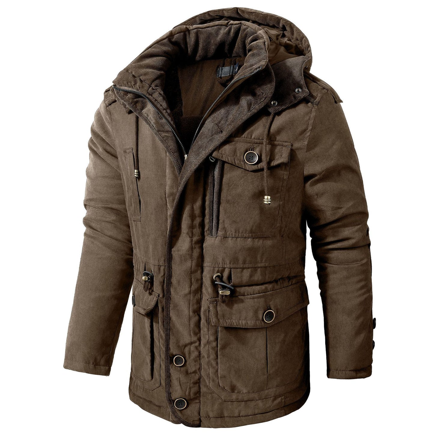 Brown winter jacket with multiple pockets and a hood on a white background