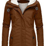 Winter Hooded Jacket Solid Color Warm Buckle Zip-up Fleece Jacket With Pockets Women's Casual Jacket